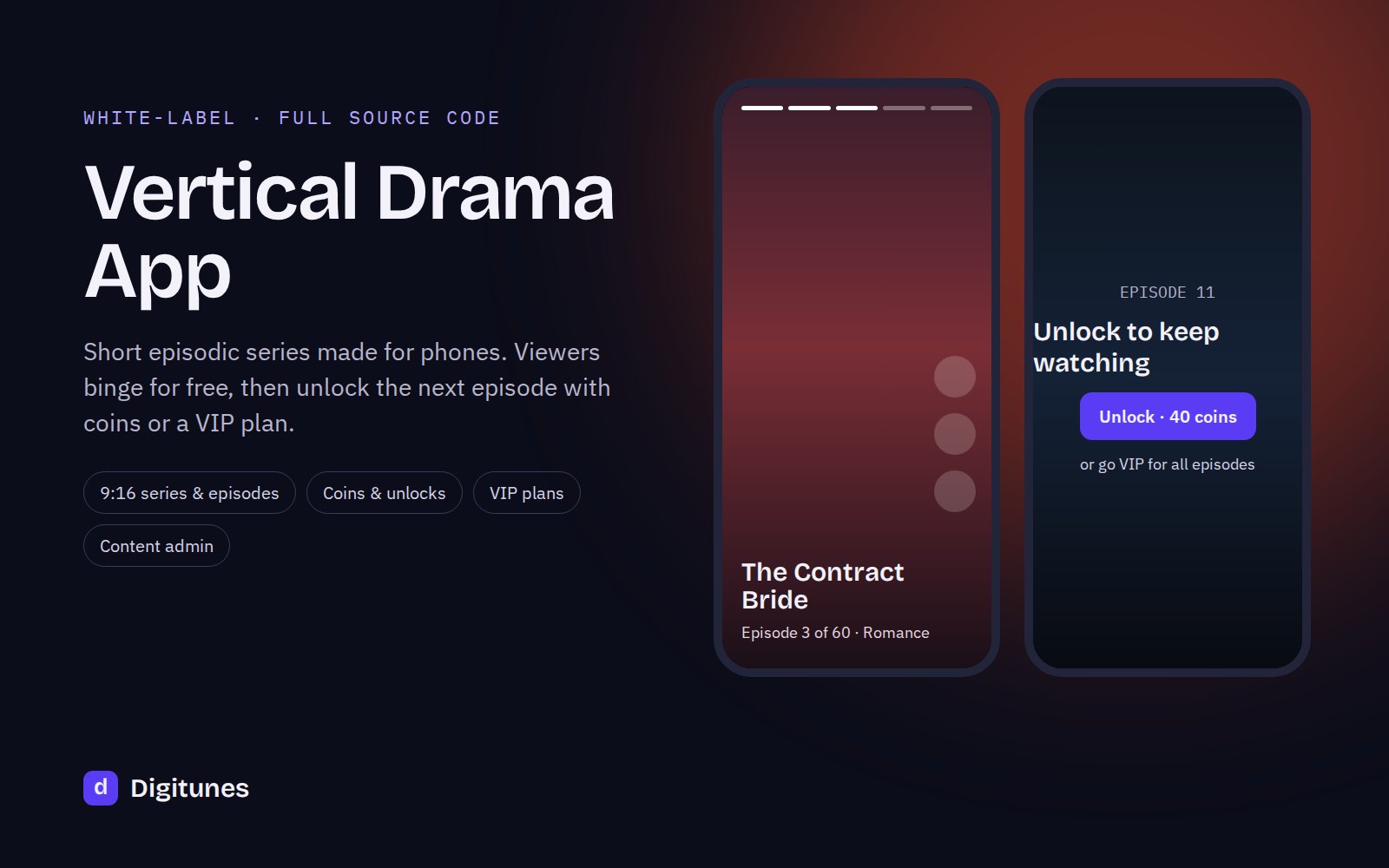 Illustration of the Vertical Drama App: two phone screens, one playing an episode and one asking the viewer to unlock the next episode with coins